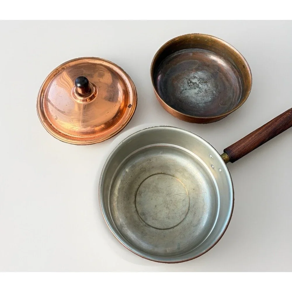 Vintage Bongusto Italy Copper Double Boiler Pan Pot Lid Wood Handle 1834 Patina